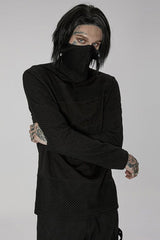 Black Punk Super High Collar Masked Hanging Ear Splicing Mesh Long Sleeves Men's T-Shirt - Product - 2