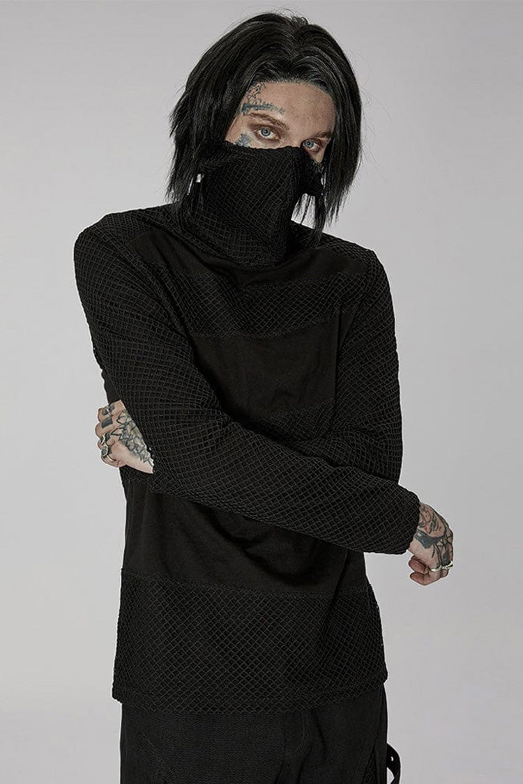 Black Punk Super High Collar Masked Hanging Ear Splicing Mesh Long Sleeves Men's T-Shirt - Product - 2