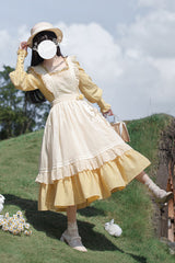Yellow Long Sleeves Print Ruffle Lace-Up Sweet Elegant Lolita Dress - Product - 2