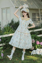 [Breezy Summer Blossoms] Peter Pan Collar Short Sleeves Jacquard Printed Ruffled Embroidered Bow Sweet Lolita Dress 2 Colors (Yellow, Purple) - Product - 17