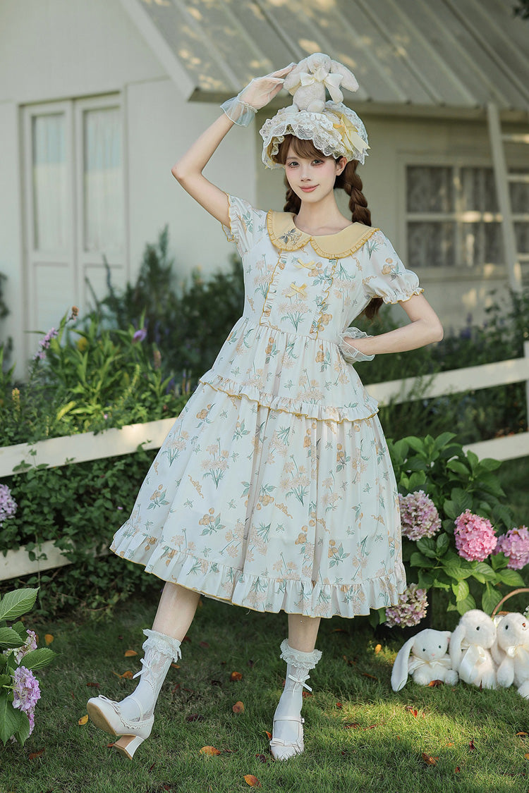 [Breezy Summer Blossoms] Peter Pan Collar Short Sleeves Jacquard Printed Ruffled Embroidered Bow Sweet Lolita Dress 2 Colors (Yellow, Purple) - Product - 17