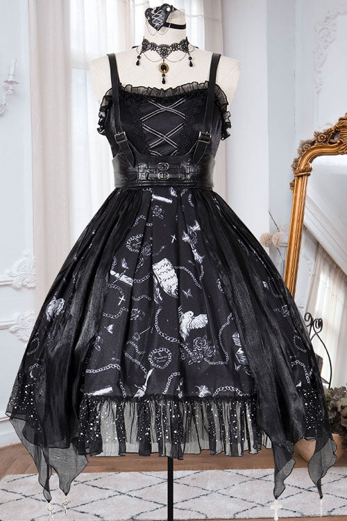 Dark Blue Vampire Diaries Theme Bowknot Ruffled Gothic Lolita JSK Dress Full Set - Product - 5