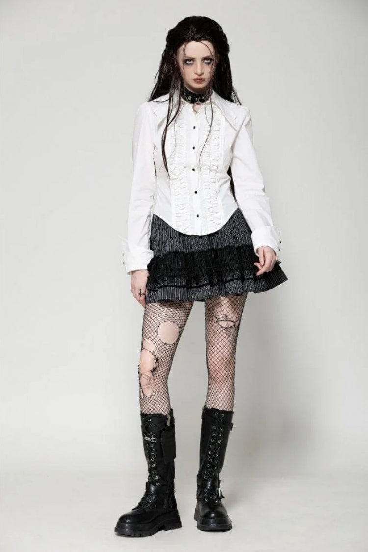White Turn-down Collar Ruffled Long Sleeves Women's Gothic Blouse - Product - 5