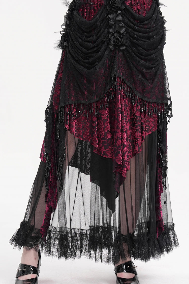 Black/Purple Tassels Mesh Women's Gothic Long Skirt - Black/Purple - 1