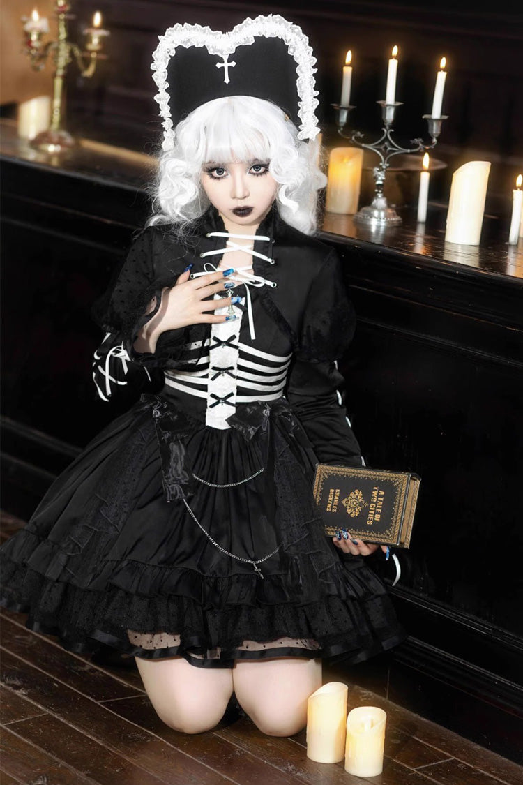 Black Prisoner Illusion Long Sleeves Multi-layer Ruffle Bowknot Gothic Princess Lolita Jsk Dress - Product - 4