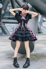 Black/Purple Short Sleeves Multi-Layered Print Ruffle Cardigan Bowknot Asymmetric Sweet Lolita Skirt Set - Product - 3