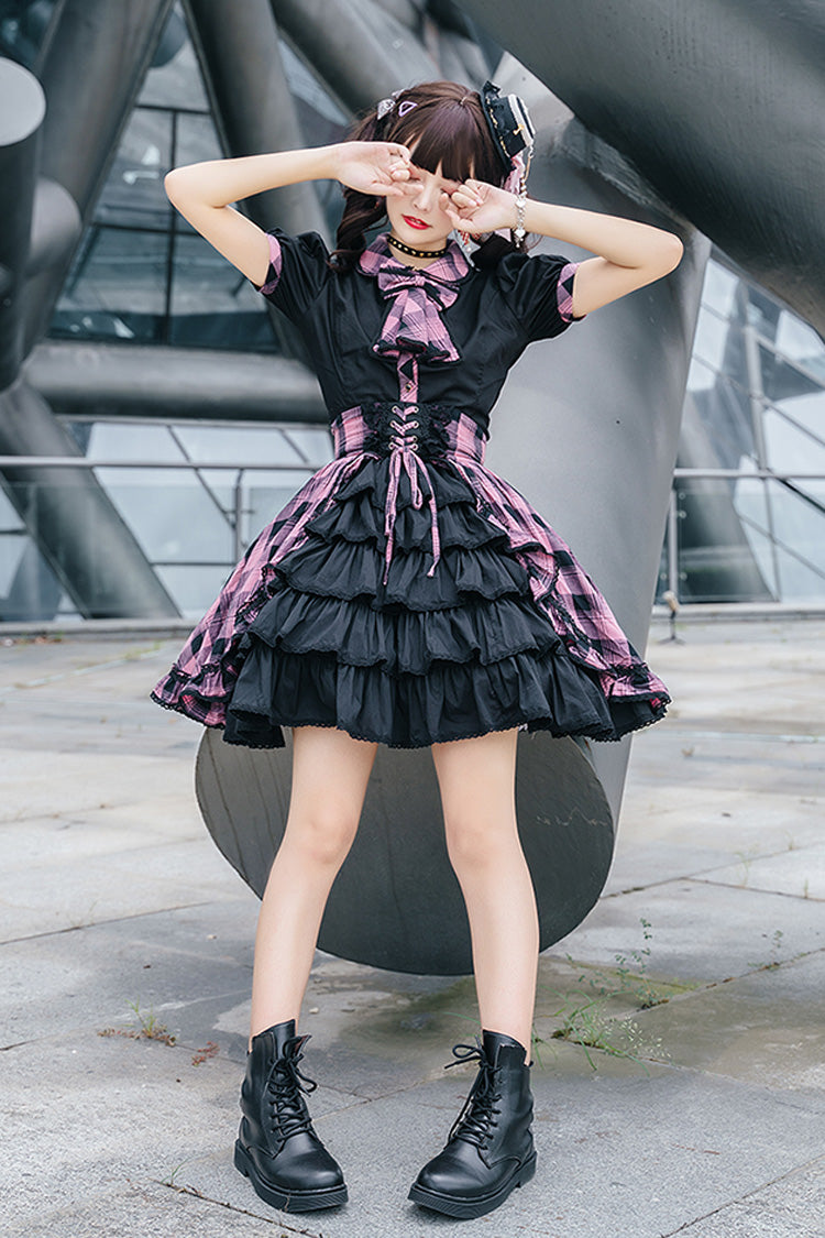Black/Purple Short Sleeves Multi-Layered Print Ruffle Cardigan Bowknot Asymmetric Sweet Lolita Skirt Set - Product - 3