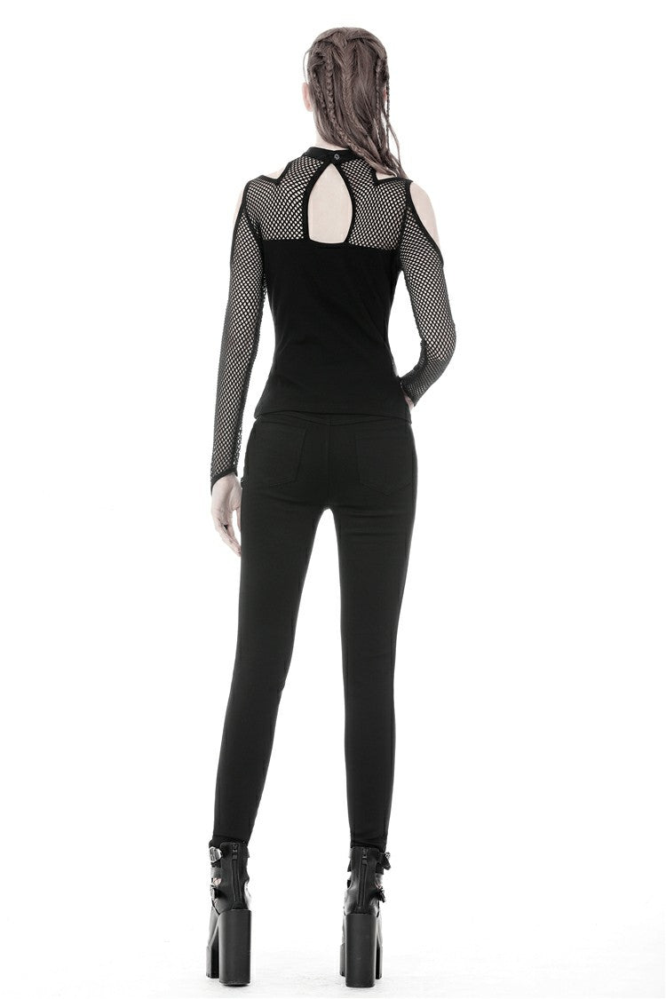Black Off Shoulder Long Sleeves Mesh Crossed Harness Straps Eyelet Sexy Women's Punk Top - Product - 4