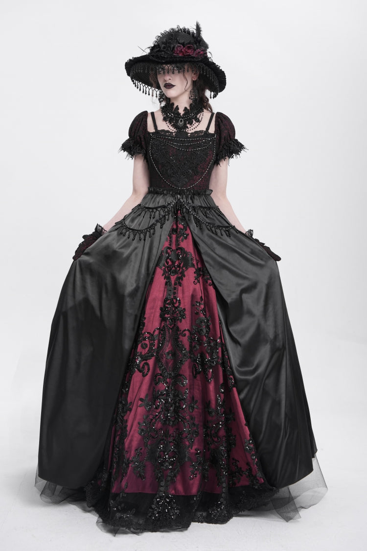 Black/Red Off Shoulder Embroidery Stitching Lace Women's Gothic Dress - Product - 13