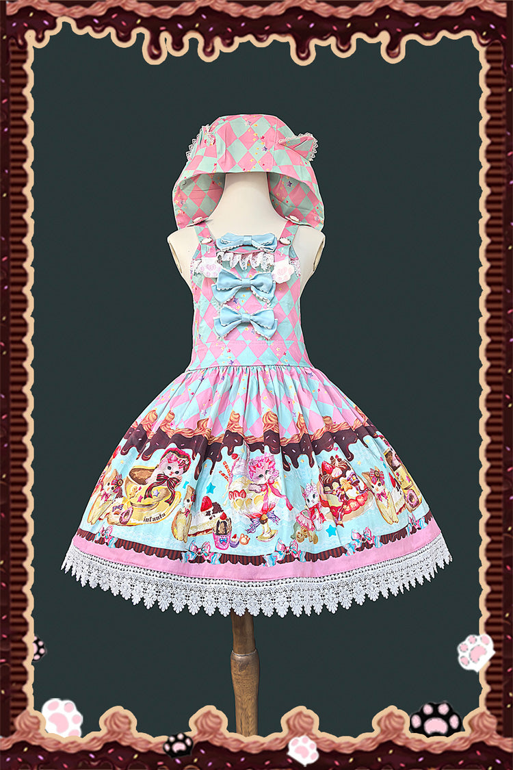 [Cream Meow] Sleeveless Print Bowknot Hooded Sweet Lolita Strap Dress 3 Colors - Green - 2