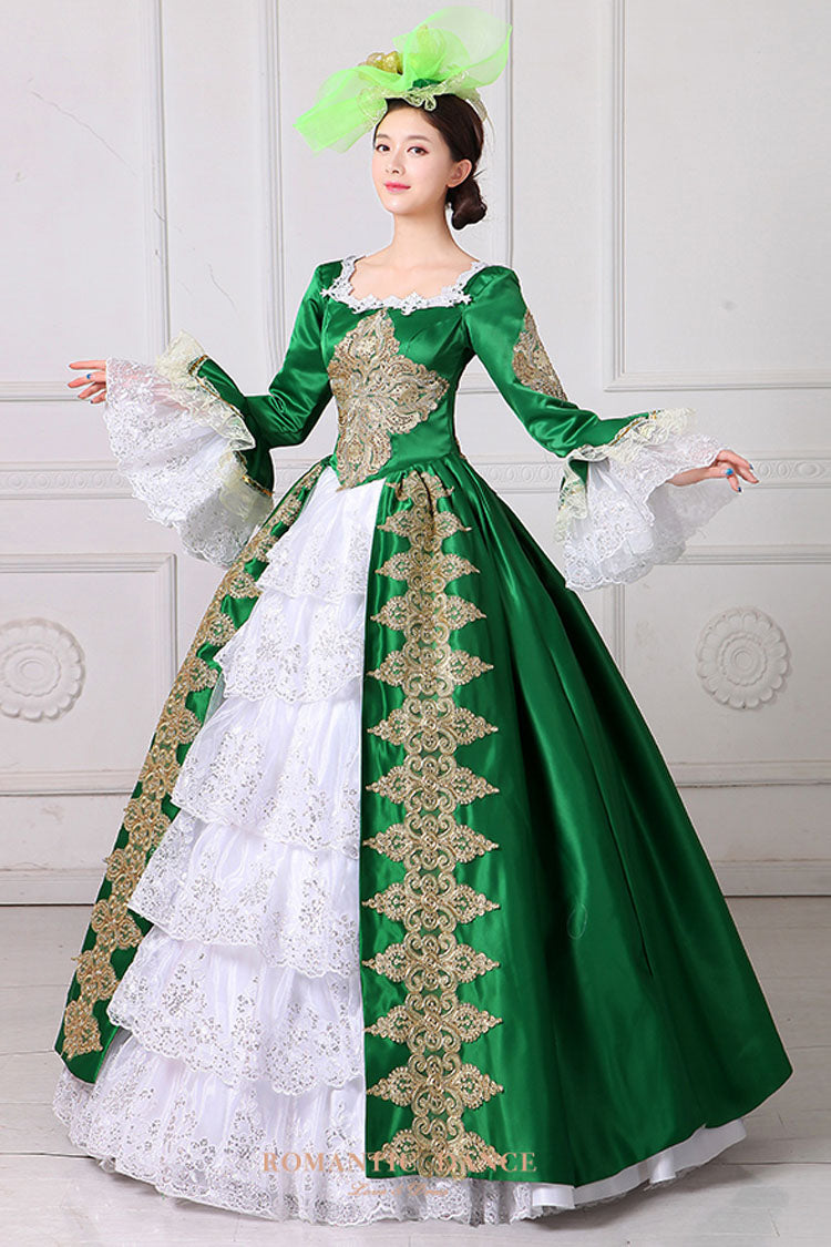 Hime Sleeves High Waisted Square Collar Embroidery Flower Print Victorian Lolita Prom Dress - Green - 6