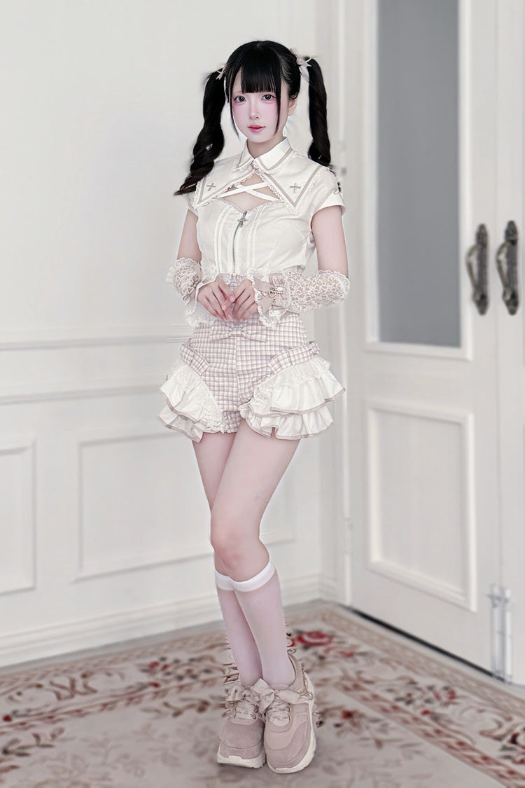Jirai Kei Lapel Collar Short Sleeves Printed Ruffled Cut-Out Lace Sweet Japanese Knight Shorts Set 2 Colors - Product - 4