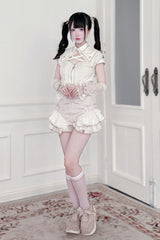 Jirai Kei Lapel Collar Short Sleeves Printed Ruffled Cut-Out Lace Sweet Japanese Knight Shorts Set 2 Colors - Product - 4