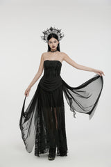 Black Off Shoulder Sleeveless Spliced Lace-Up Slim Pleated Women's Gothic Corset  Chiffon Strapless Dress - Product - 5
