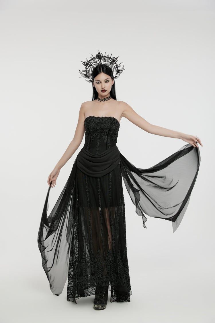 Black Off Shoulder Sleeveless Spliced Lace-Up Slim Pleated Women's Gothic Corset  Chiffon Strapless Dress - Product - 5