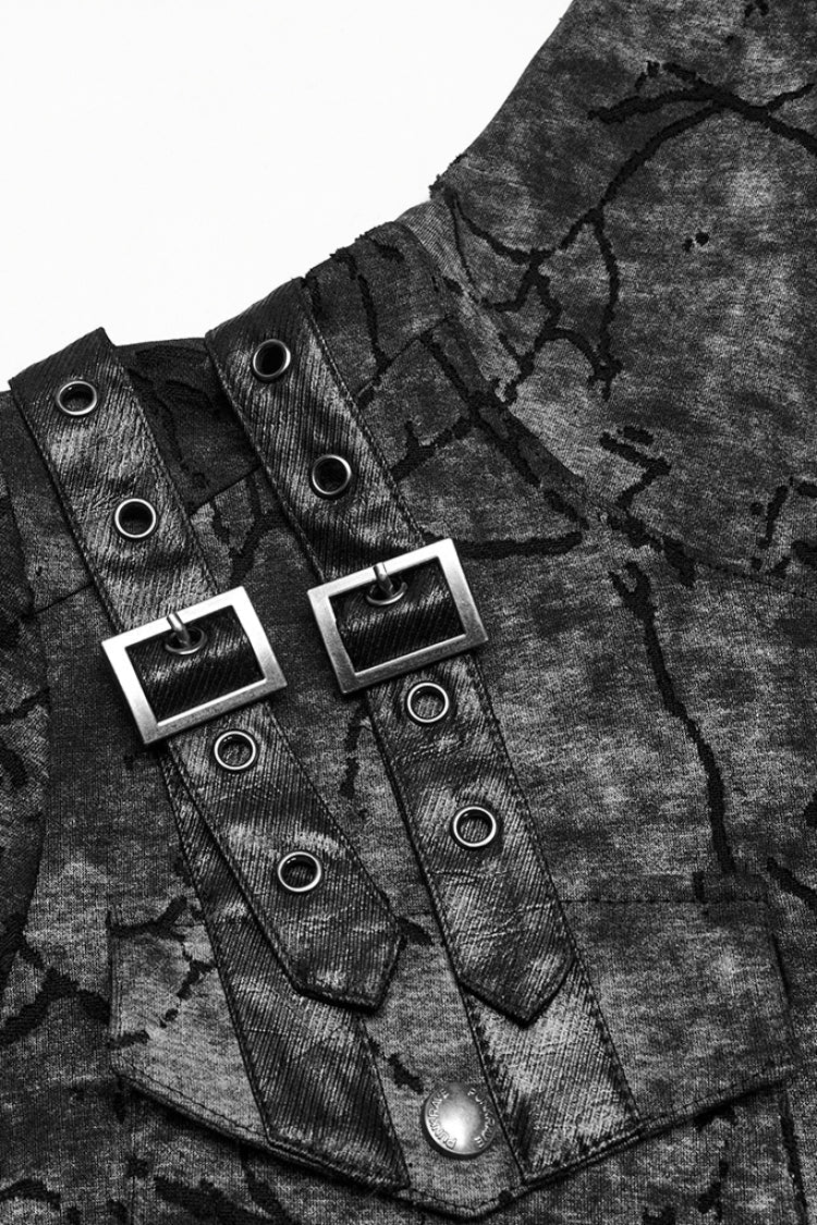 Grey Short Sleeves Big-pocket Tie-dyed Hooded Men's Punk T-Shirt - Product - 4
