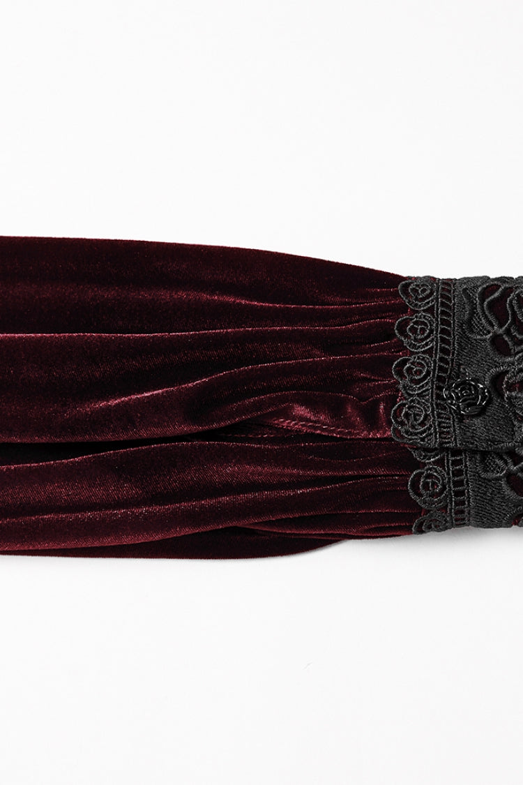 Red Stand Collar Long Puff Sleeves Floral Embroidered Lace-Up Women's Gothic Blouse - Product - 7