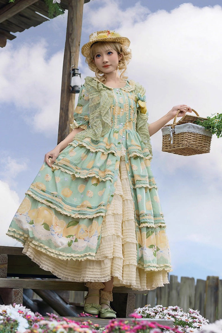 Green [Lemon Chicken] Short Sleeves Triple-Layered Print Ruffle Bowknot Lace Sweet Gorgeous Lolita Dress - Product - 4