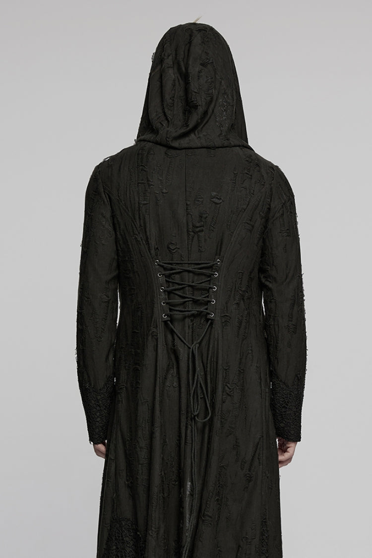 Black Long Sleeves Stitching Irregular Hooded Mesh Ripped Men's Gothic Coat - Product - 3