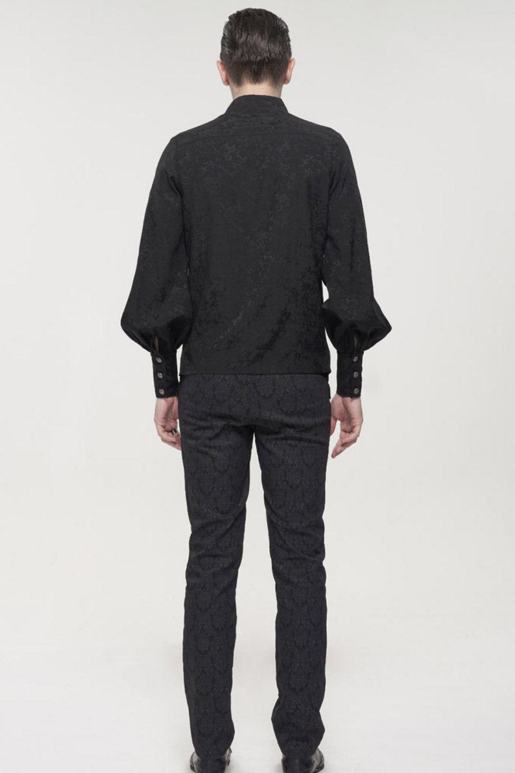 Black Gothic Metal Pattern Buckle Long Sleeve Pleated Lace Lantern Shape Printing Pattern Men's Shirt - Product - 7