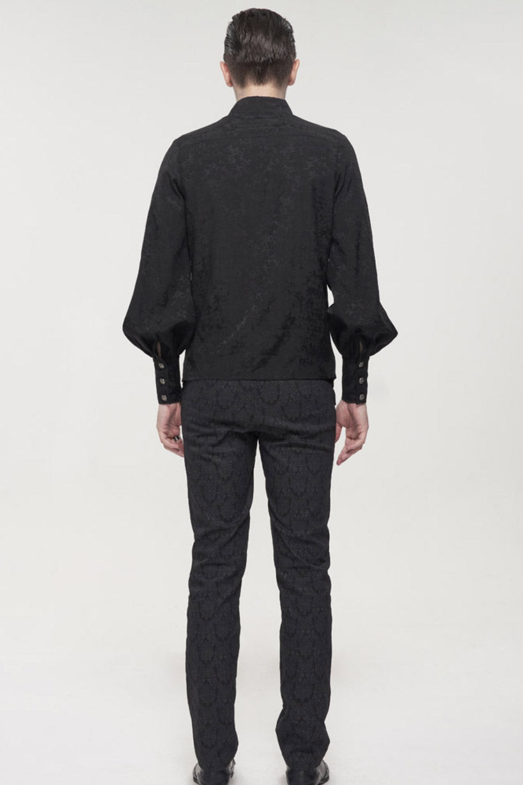 Black Gothic Metal Pattern Buckle Long Sleeve Pleated Lace Lantern Shape Printing Pattern Men's Shirt - Product - 7