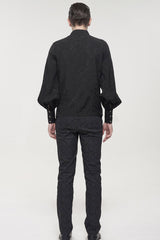 Black Gothic Metal Pattern Buckle Long Sleeve Pleated Lace Lantern Shape Printing Pattern Men's Shirt - Product - 7