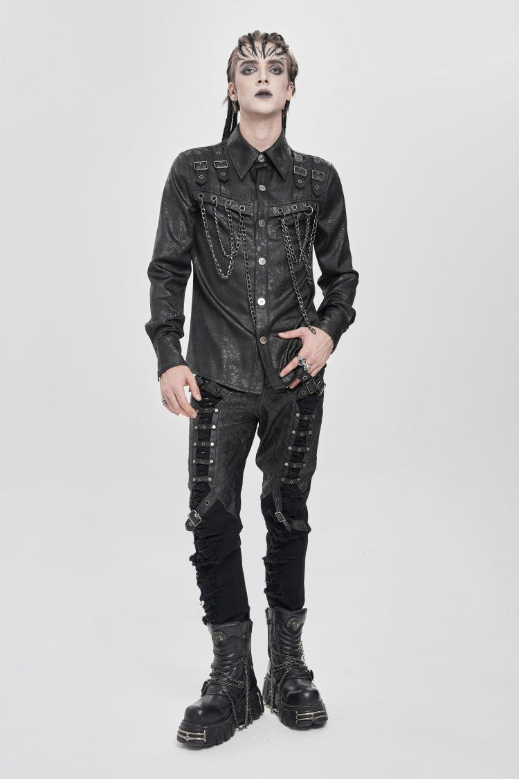 Black Lapel Collar Long Sleeves Buckled Strappy Chain-Decorated Men's Punk Shirt - Product - 9