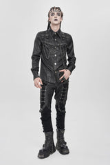 Black Lapel Collar Long Sleeves Buckled Strappy Chain-Decorated Men's Punk Shirt - Product - 9