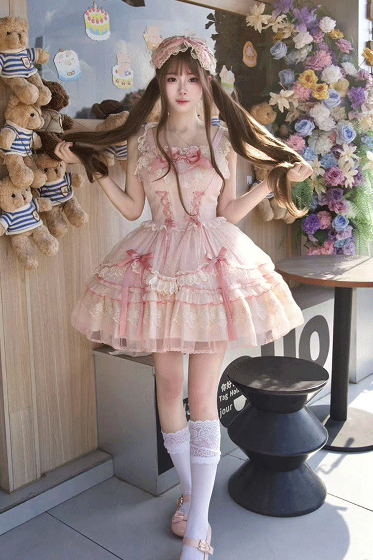 Pink [Candy House] Sleeveless Ruffle Bowknot Lace Lace-Up Sweet Lolita Jsk Dress - Product - 16