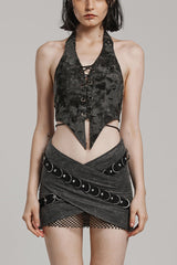 Grey Sleeveless Lace-Up Buckle Halter Pointed Hem Womens Steampunk Vest - Grey - 1