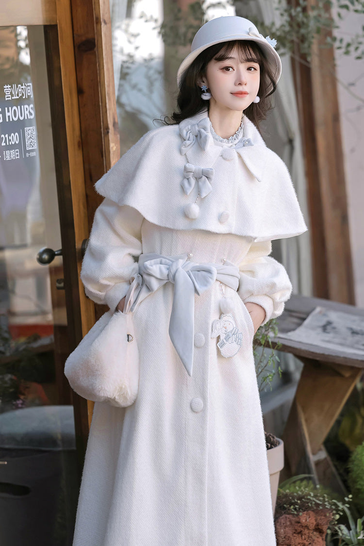 White/Blue [Sunny Sky Snow Doll] Long Sleeves Embroidered Bow Sweet Elegant Lolita Skirt Coat Set - Product - 5