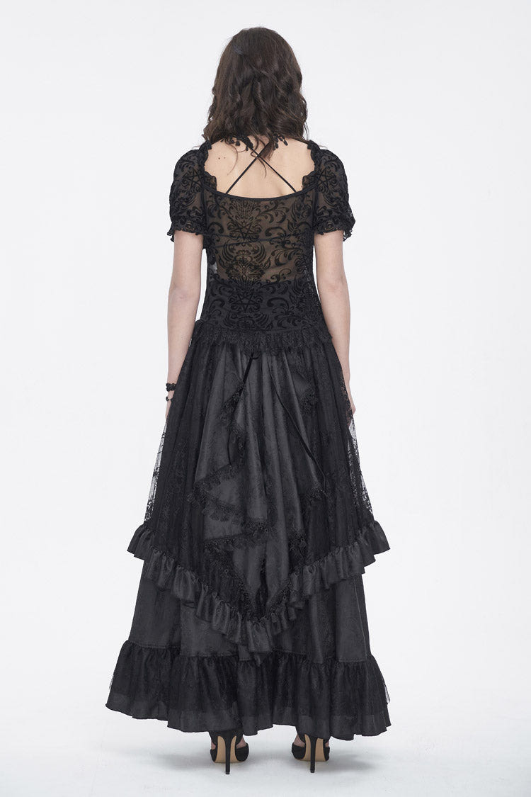 Black Short Sleeves Print Ruffle Lace Sheer Women's Gothic Blouse - Product - 4