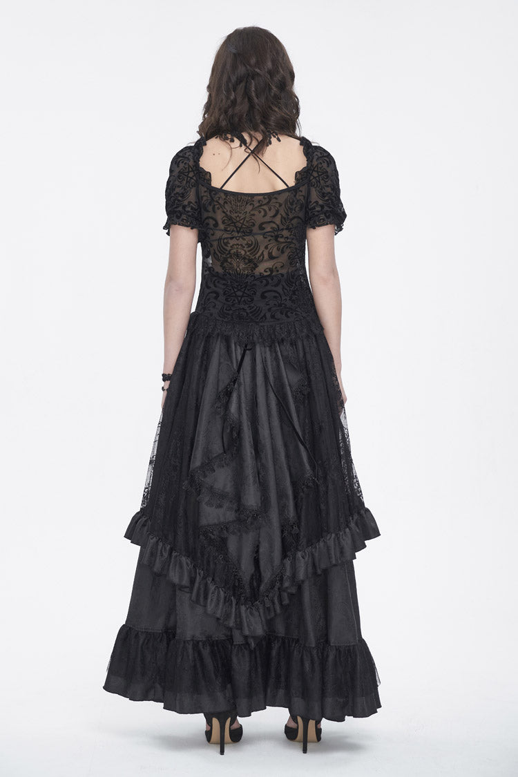 Black Short Sleeves Print Ruffle Lace Sheer Women's Gothic Blouse - Product - 4