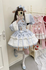 Blue [Snow Rabbit] Long Sleeves Ruffle Bowknot Fake Two Pieces Sweet Lolita Dress - Product - 5
