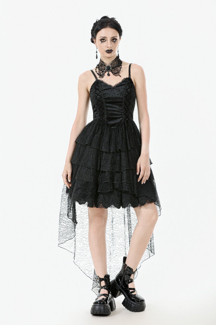 Black Sleeveless Multi-Layered Lace Women's Gothic Fishtail Slip Dress Graduation Dress - Black - 1