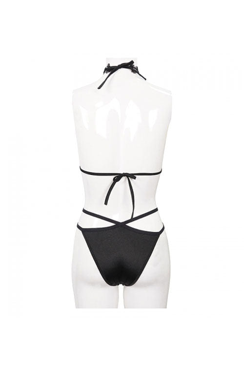 Black Gothic Lace Collar Lace Up Bikini Swimsuit - Product - 13