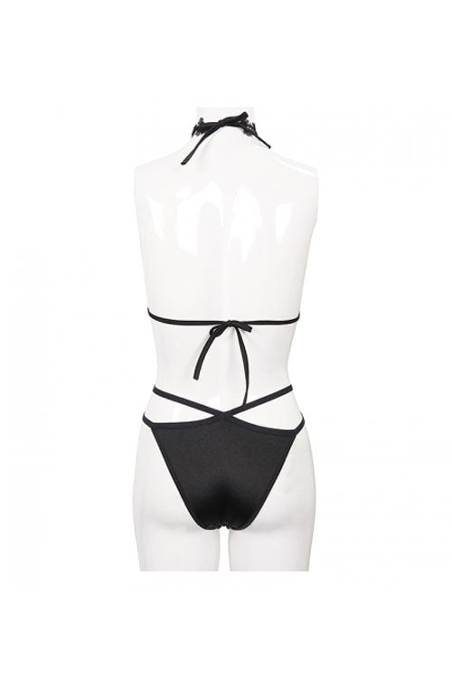 Black Gothic Lace Collar Lace Up Bikini Swimsuit - Product - 13