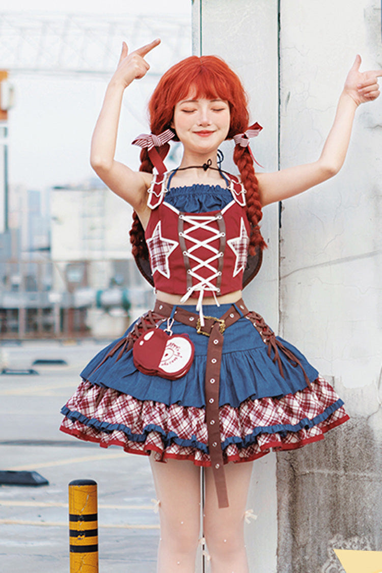 Red/Blue [Apple Trap] Triple-Layered Print Ruffle Lace-Up Sweet Lolita Jsk Dress Two-piece Set - Product - 7