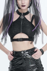 Black Slim Knit Mechanic Computer Moire Adjustable Women's Punk Halter Vest - Black - 1