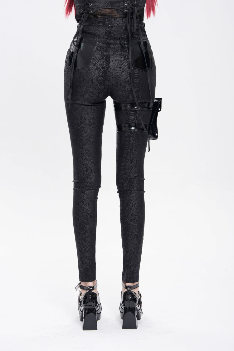 Black Print Buckle Straps Women's Punk Pants with Leg Bag - Product - 3