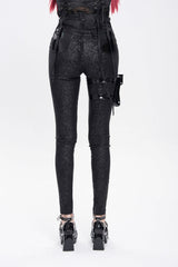 Black Print Buckle Straps Women's Punk Pants with Leg Bag - Product - 3