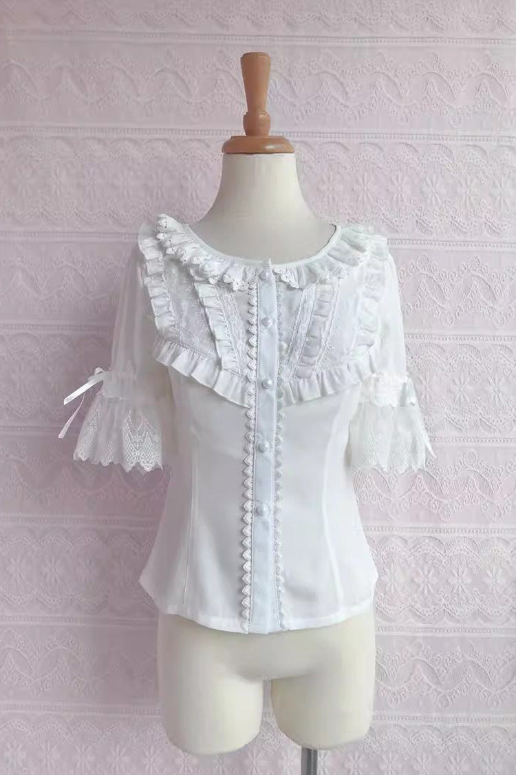 Chiffon Round Collar Short Sleeves Lace Sweet Lolita Blouse 2 Colors - White - 1