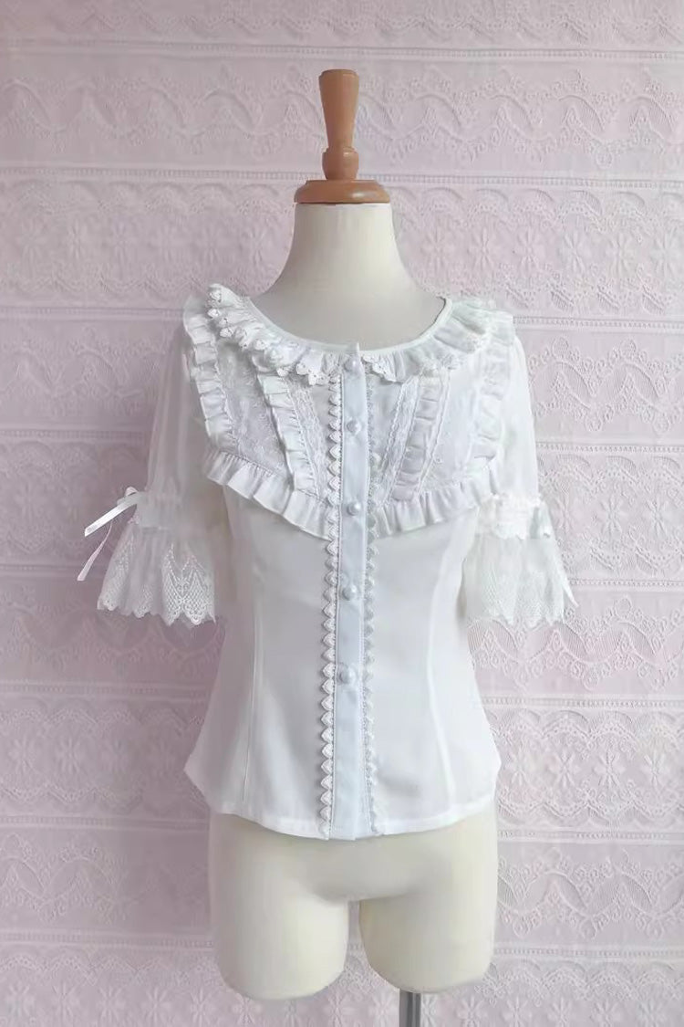 Chiffon Round Collar Short Sleeves Lace Sweet Lolita Blouse 2 Colors - White - 1