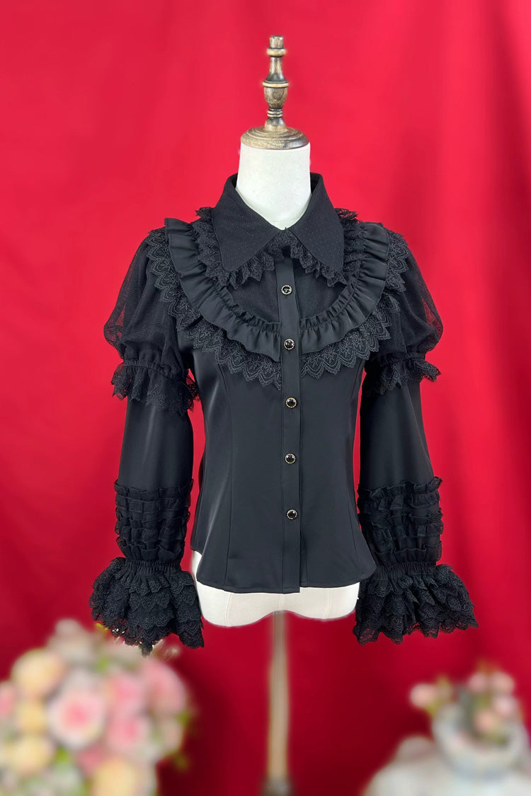 [Four Seasons Encounter] Lapel Collar Detachable Long Sleeves Ruffled Lace Slim Fit Classic Lolita Blouse 4 Colors - Black - 3