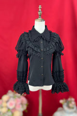[Four Seasons Encounter] Lapel Collar Detachable Long Sleeves Ruffled Lace Slim Fit Classic Lolita Blouse 4 Colors - Black - 3