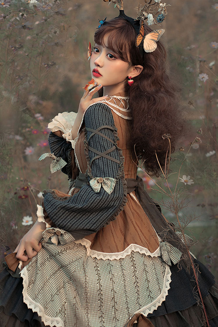 Multi-Color Retro Pastoral Style Stitching Color Ruffled Tiered Classic Lolita Op Dress (Belt is included) - Product - 2