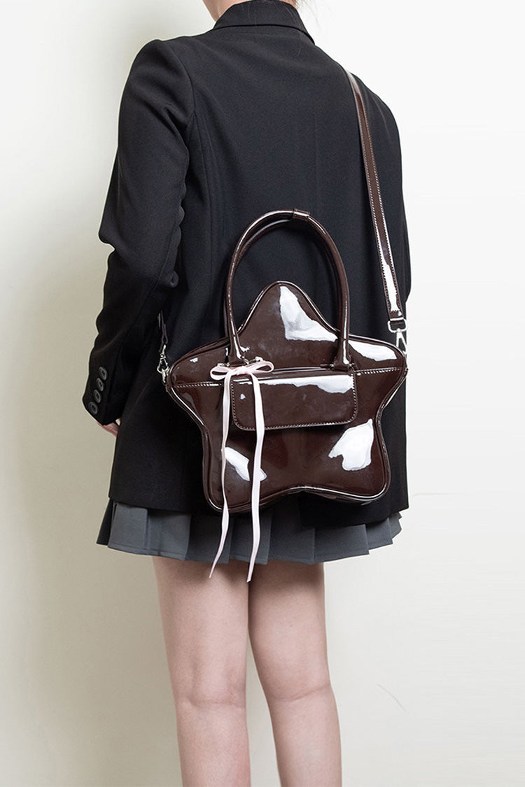 Chocolate Patent Leather Star Bow Sweet Lolita Handbag - Product - 8
