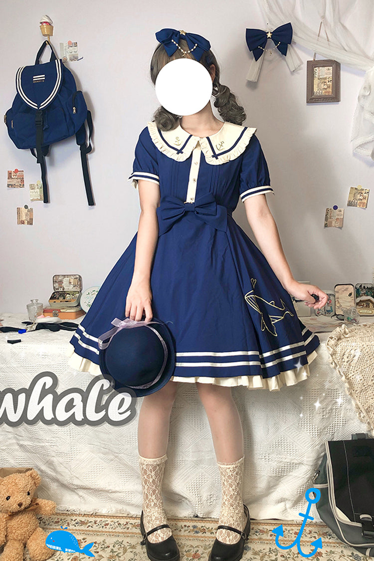 Little Sea Whale Navy Sailor Short Sleeves Sweet Lolita OP Dress 3 Colors - Product - 8