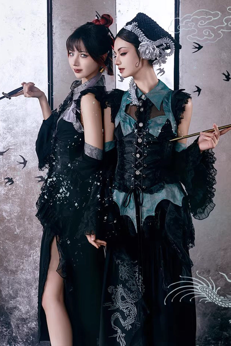 [Sky Dragon] Round Collar Printed Embroidered Lace-Up Gothic Chinese Style Lolita Skirt Set 2 Colors - Product - 8