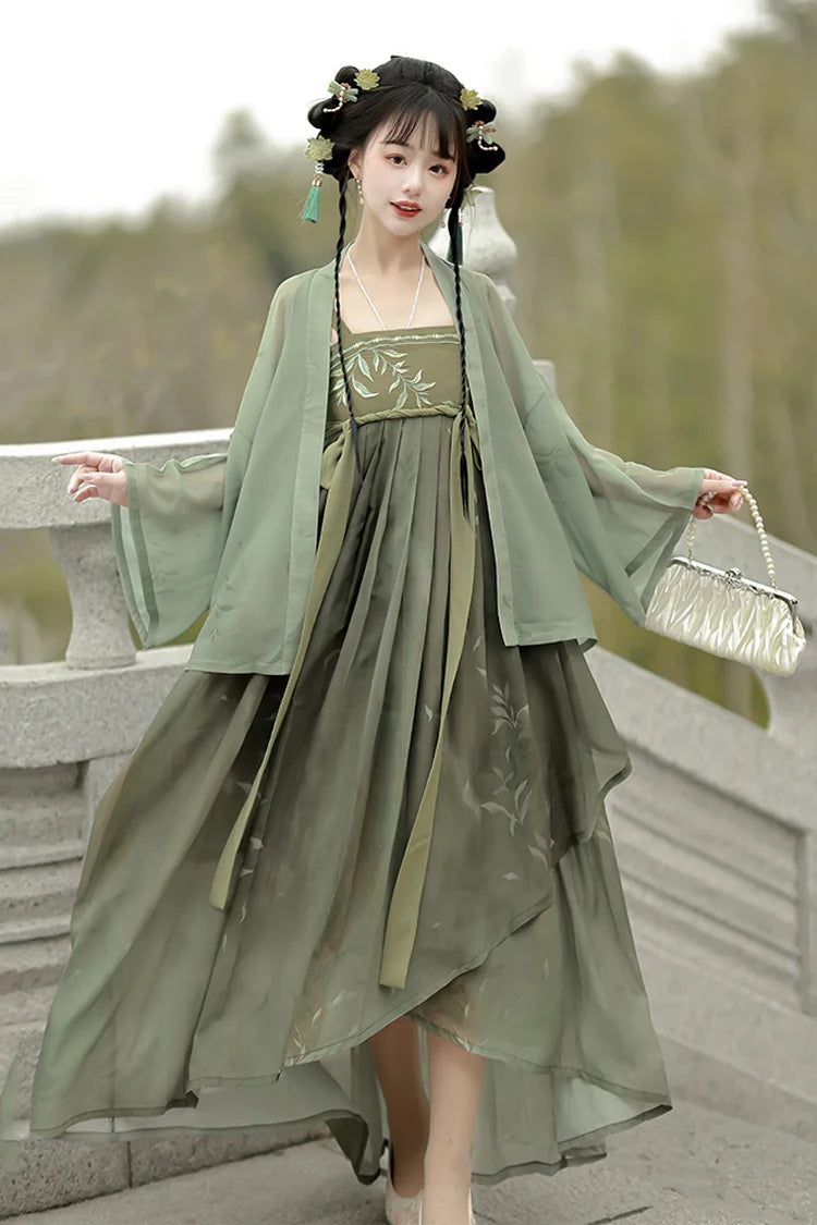 Green High Waisted Embroidery Sweet Chinese Style Hanfu Jsk Dress Full Set - Product - 3